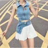 Werkjurken Meisje Denim Pak Dames Zomer Polo-hals Tank Top Hoge taille Paneel Minirok Tweedelige set Mode Vrouwelijke kleding