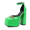 Brand New Platform Sandals Summer 2023 Gold Chain Design Ankle Buckle Chunky Heel Punk Style Street Girls Green Shoes Size 48