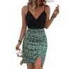 Casual Dresses Women Ditsy Floral Wrap slits Spaghetti Strap Bodycon Dress Black Print Mini Sexig V-ringad ärmlös Fashion Party