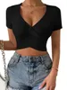 Tanques femininos T-shirt Women T-shirt Manga curta V Neck Solid Slim Fit Summer Summer Ladies Fashion Crop Top para Daily Street