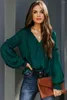 Women's Blouses Red/Green/Beige Satin V-neck Lantern Sleeve Drawstring Blouse Women Elegant Autumn Spring S-2XL Tops