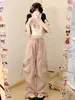 Damenhose Rosa Kawaii Süße Vielseitige Mode Stickerei Freizeithose Sommer Elastische Taille Lose Große Tasche Breites Bein