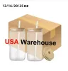 CA US Warehouse 16oz 승화 유리 맥주 머그잔 대나무 뚜껑 밀짚 DIY 블랭크 서리가 맑은 캔 형성 텀블러 컵 열전달 칵테일 새로