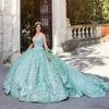 Green Shiny Quinceanera Dresses Luxury Beads Crystal Appliques Flower Off the Shoulder Sweet Vestidos De 15 Girls Ball Gowns