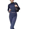 Zweiteilige Damenhose, ausgestelltes, weites Bein-Set, schmale Passform, Rundhals-Oberteil, hohe Taille, Hose, Retro-Langarm-Yoga-Anzug für Komfort
