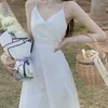 Vestidos casuais sem mangas midi vestido mulheres branco cintura alta espaguete cinta elegante estética sólida minimalista verão praia estilo coreano