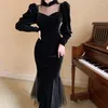 Casual Dresses Mermaid Sexy Velvet Dress French Autumn Winter Evenig Party Gown Retro Mesh Patchworker Chinese Qipao Vestidos