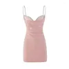 Casual Dresses Pink Sling Pearl Diamond Strap Slim Mini Dress V Neck Sleeveless High Qaulity Female Fashion Summer Evening Clothes 2023