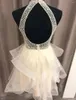 Vestidos de festa linda volta luxuoso vestido de cocktail noivado halter pescoço sem mangas curto mini tule com camada vestes de