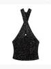 Débardeurs pour femmes Girls Club Style Brillant Paillettes Velours Noir Court Tops Été Mode Col Halter Taille Haute Sexy Camis Dos Nu