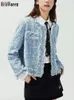 Women's Jackets High-end Women Retro Blue Tweed Small Fragrance Jeans Coats Female Raw Edge Tassel O Neck Denim Jackets Short Tops Outerwear 230428