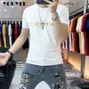 Herr t-skjortor t-shirt guld bokstav tryckning högkvalitativ manlig tees rund hals sommar mode trend smal fit silkeslen bomulls topp man kläder