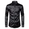 Herrklänningskjortor Herr Black Satin Luxury Dress Shirts 2019 Silk Smooth Men Tuxedo Shirt Slim Fit Wedding Party Prom Casual Shirt Chemise Homme P230427