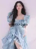 Casual Dresses Party 2023 Summer Short Puff Sleeve Blue Print Chiffon Women Floor-Length Overlength Princess Long Dress Female Design