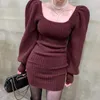 Sıradan Elbiseler Kore Kış Sıcak Kirkover 2023 Örme Puflu Sweater Elbise Kadın Jumper Kadın Katı Kalın Bodycon