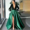 JEHETH Sexy Deep V-Neck Side Split Sequin Evening Dress Long Sleeves Satin A Line Prom Formal Gowns robes Floor Length