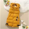 Gilets pour femmes Veste sans manches Gilet d'hiver sous la taille Manteau long à capuche matelassé Gilet femme chaud épaissir vêtements d'extérieur Drop Deliv Otpns