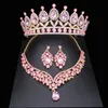 Zestawy biżuterii ślubnej Różowe kryształowe zestawy biżuterii ślubnej dla kobiet dziewczyna księżniczka tiara/koronny kolczyk naszyjnik