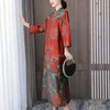 Abbigliamento etnico Colletto alla coreana cinese Manica lunga femminile Allentato Qipao Nube Filato Vestito da mamma Stampa Fiori Abiti estivi Cheongsam