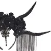 Fontes de festa gótico vintage halloween bruxa preto longo chifre de boi bandana cosplay demônio mal borlas flor cabelo hoop headdress