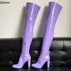 Olomm Damen-Winter-Overknee-Stiefel, quadratische High-Heels-Stiefel, schöne runde Zehen, wunderschöne lila Party-Schuhe für Damen, US-Größe 5–20