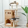 Scratchers Modern Cat Tree Wood Multilevel Cat Scraper Tower Luxury Nest Cat Climbing Frame mysiga lägenheter Djupare version dinglande bollar