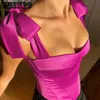 Camis Satin Corset Haut Dos Nu Sexy Hors Épaule À Lacets Crop Tops Taille Débardeur Fête D'été Sans Manches Femmes Solide Boho Halter Tee