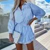 Two Piece Dress Office Lady randig tryck Tvådelar Set Women Spring Single Breasted Blus Ruffle A-Line kjolar Passar Casual Chic Outfits 230428