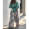 Calças femininas de duas peças 2023 primavera verão roupas verde escuro botão curto superior terno corpo inteiro floral calças largas perna conjunto de 2 peças