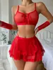 섹시한 세트 Brskbzda 빨간 메쉬 란제리 섹시한 속옷 섹시 패션 여성의 단단한 메쉬 리본 브라 세트 주름 앞치마 세트 장갑 231128