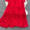 Vestidos casuais vestido de plissada de estilo francês vermelho Mulheres de manga comprida Tirada de gravata borda A linha de chiffon de trespotas A-line Roupas f339