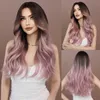 Perucas sintéticas peruca feminina rosa gradiente roxo longo cabelo encaracolado dividido onda coreana perucas rosa onduladas