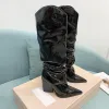 Cuissardes hautes en métal de nouvelle couleur, bloc épais, bout pointu, bottes mi-mollet pour femmes, chaussures de luxe de styliste, chaussures de fête à la mode, chaussures d'usine