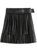 Skirts XNWMNZ Women fashion with belt pleated faux leather mini skirt vintage high waist a-line skirts female skirts mujer 230428