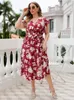Plus Size Kleider Sommer V-Ausschnitt Rotes Kleid mit Gürtel V-Ausschnitt Party