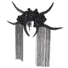 Fontes de festa gótico vintage halloween bruxa preto longo chifre de boi bandana cosplay demônio mal borlas flor cabelo hoop headdress