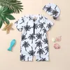 OnePieces born Baby Infant Boys Swimsuit with Hat Cartoon Tree Print Short Sleeve Round Neck Half Zipper Jumpsuit Bathing Suit 230427