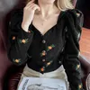 Women's Blouses Shirts Women Blouse Autumn Retro Small Foreign Vague Collar Light Velvet Embroidered Blister Sleeves Short Shirt Tops