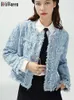 Women's Jackets High-end Women Retro Blue Tweed Small Fragrance Jeans Coats Female Raw Edge Tassel O Neck Denim Jackets Short Tops Outerwear 230428