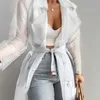 Jackets 2022 fashion woman see through outdoor top lacing spring mesh transparent long sleeve buttoning coat with belt elegant shirts