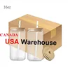 USA/Canada Warehouse 16oz DIY Sublimation Glass Beer Mugs Blanks Water Bottles Beer Can Iced Coffee Tumblers Drinking Mason Jars With Bamboo Lids And Reusable Straw