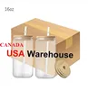 USA/Kanada Warehouse 16oz DIY sublimering Glass Beer Mugs Blanks Water Bottles Beer Can Iced Coffee Tumblers Drick Mason burkar med bambu lock och återanvändbart halm