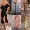 Casual Womens Solid Color Dresses Satin Short Sleeve Sexy Off Neck Pleated Dress