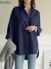 Women's Blouses Shirts vrouwen Vintage lange mouwtoppen Zanzea vaste katoenen blouse 2023 herfst oversized revers shirts casual werk irrgulair hoog lage tuniek p230427