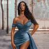 JEHETH Sexy gris bleu épaules dénudées perlée Satin robe de soirée sirène pour les femmes fente col en v plissé dos nu robe de soirée de bal