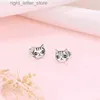 Stud Huitan Funny Animal Cat Stud Earrings Ear Piercing Silver Color Black Enamel Pattern Teens Earrings Statement Jewelry for Women YQ231128