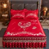Bed Skirt Summer Ice Silk Three Piece Wedding Cover Red 1.8m2 Double