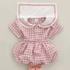 Rompers Summer baby clothes girls simple plaid shortsleeved Tshirt suit childrens doll collar top shorts college style 230427