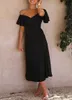 Casual Womens Solid Color Dresses Satin Short Sleeve Sexy Off Neck Pleated Dress