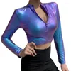 T-shirt da donna 2023 Moda Donna Manica lunga Crop Top Camicia Colletto con zip Sexy Casual Breve Estate Tee Top Lucido Viola Abbigliamento 7XL